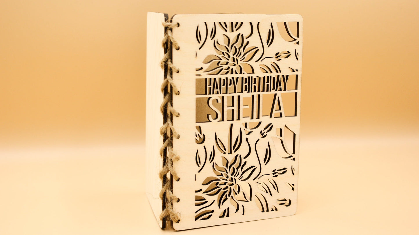 Personalised Wooden Birthday Card | Engraved Message | Carved Name | Customised Card | Floral Design