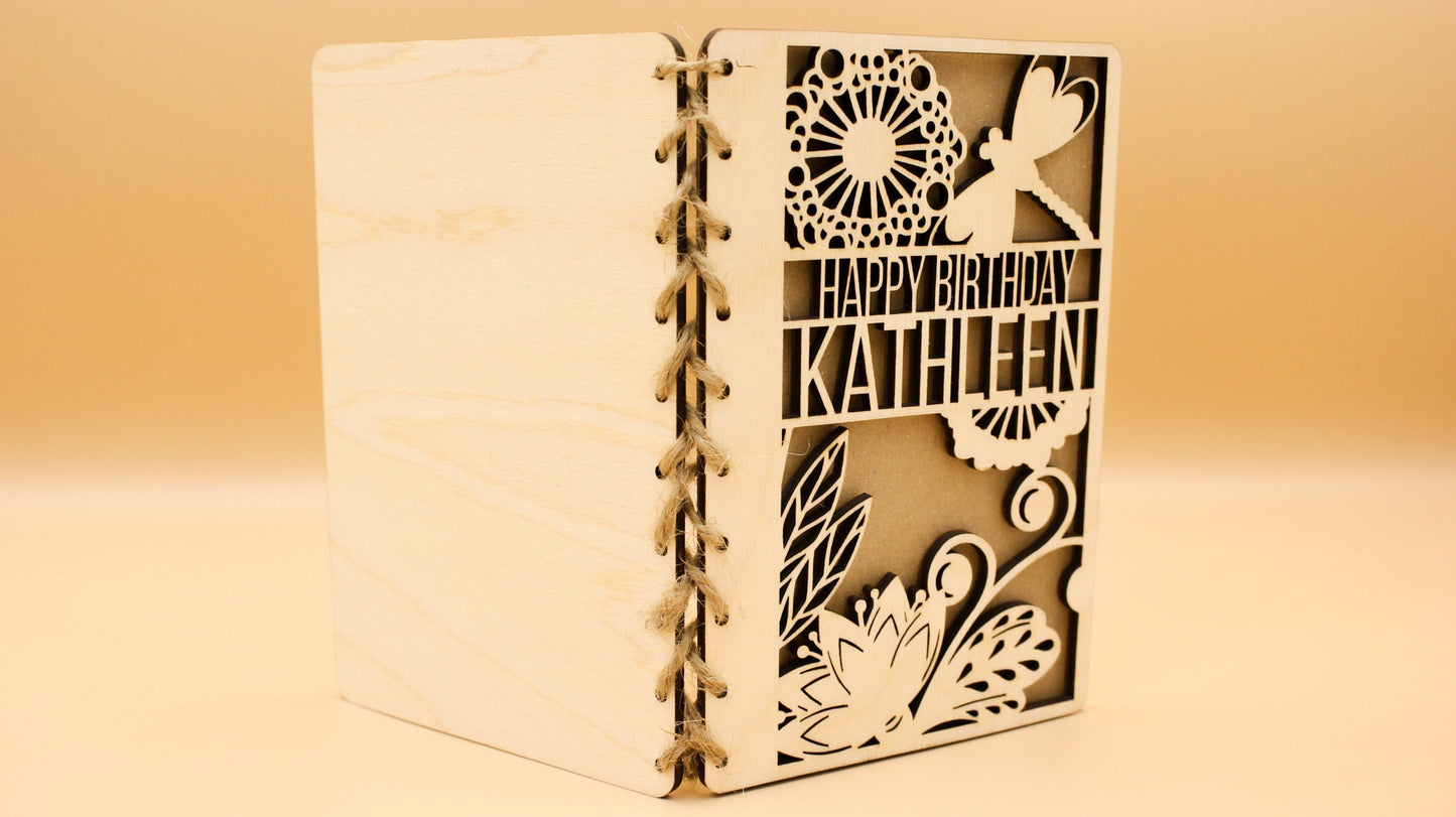 Personalised Wooden Birthday Card | Engraved Message | Premium Wooden Birthday Card | Dragonfly | Dandelion | Floral Design