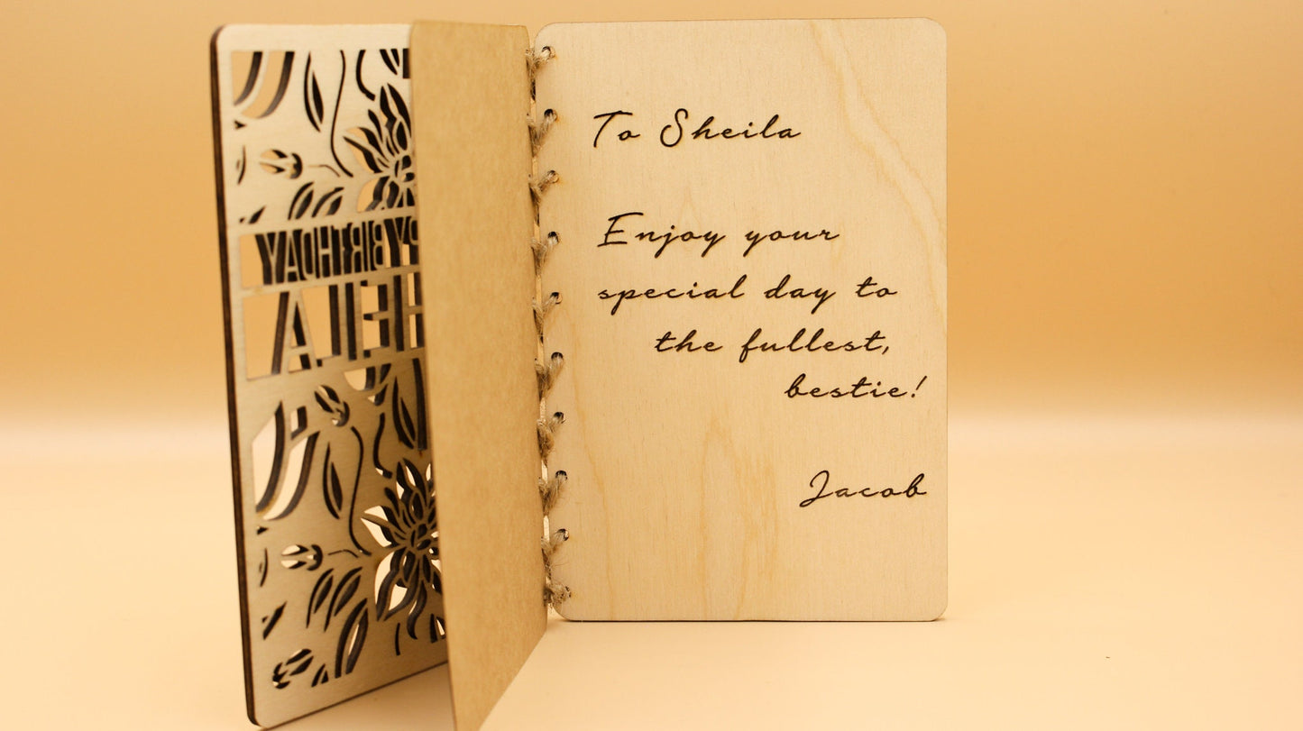 Personalised Wooden Birthday Card | Engraved Message | Carved Name | Customised Card | Floral Design