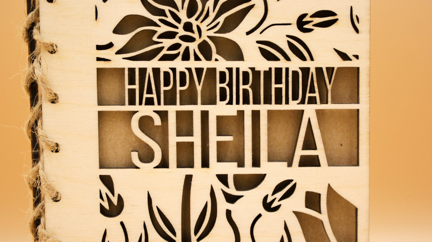 Personalised Wooden Birthday Card | Engraved Message | Carved Name | Customised Card | Floral Design